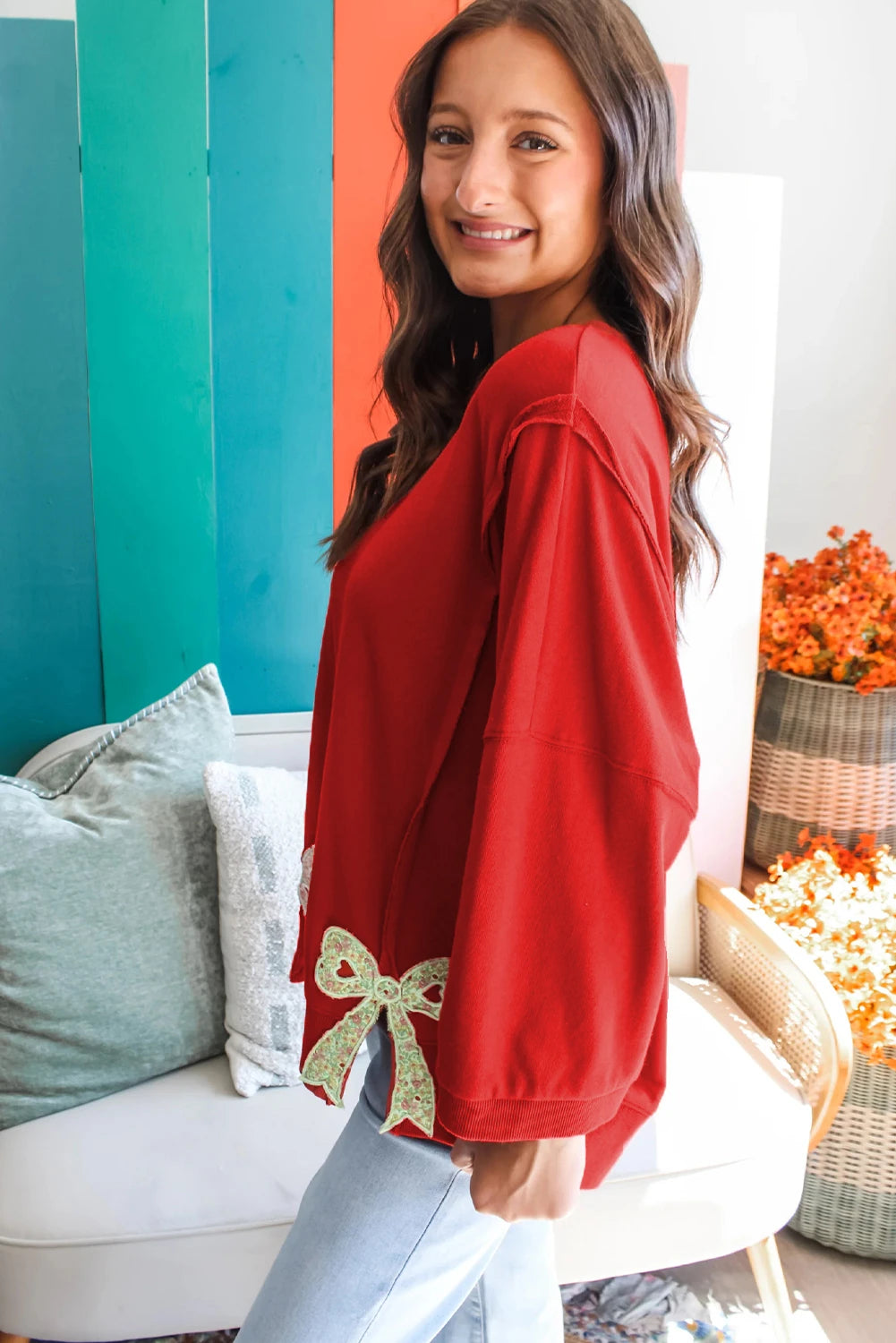 Pink Floral Bow Patched Exposed Seam Patchwork Slit Baggy Sweatshirt