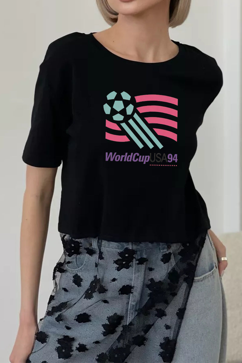 Vintage World Cup USA Graphic Crop Tee Casual Short Sleeve T Shirt