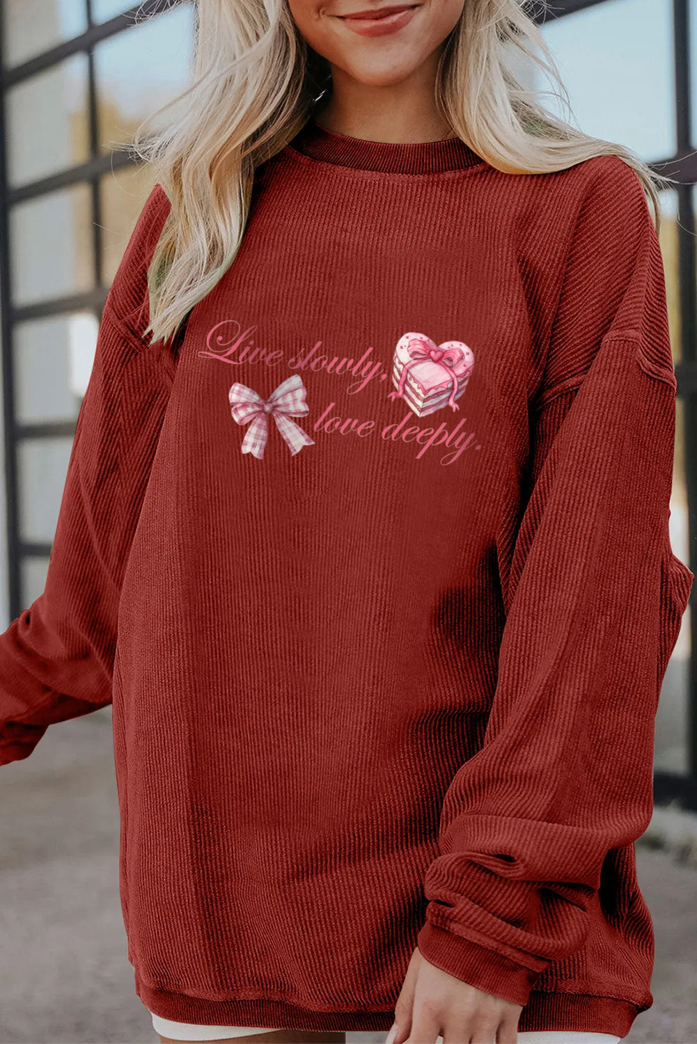 Valentine Bow Heart Corduroy Ribbed Oversized Sweatshirt