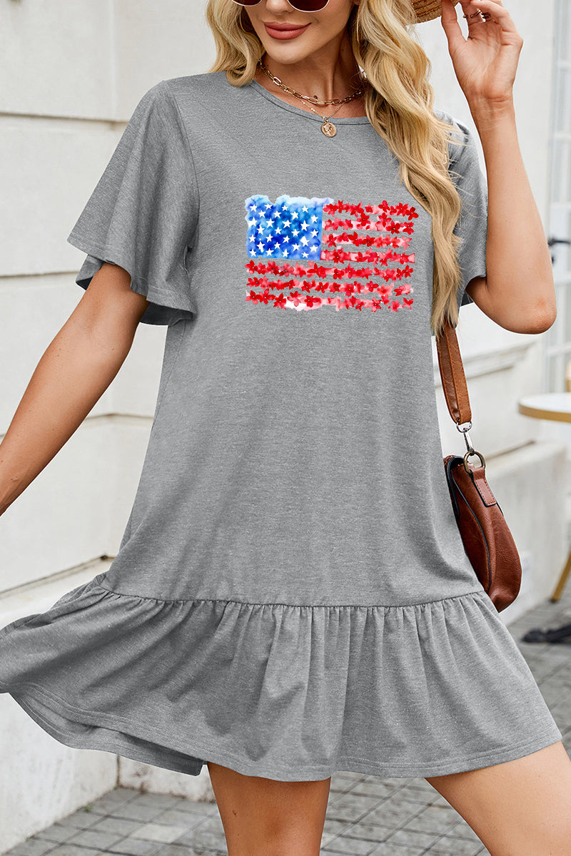 American Flag Cotton Dress Casual Ruffle Vacation