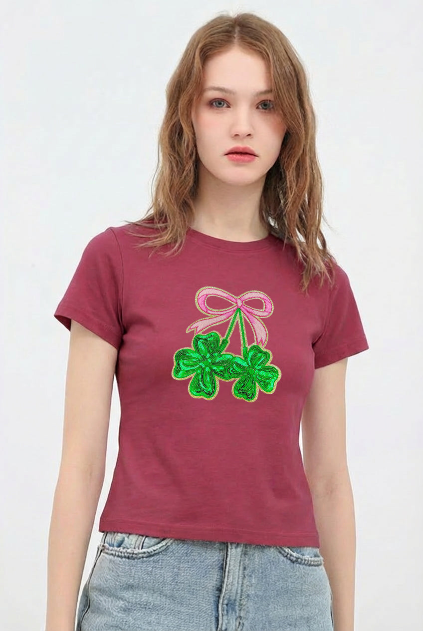 St Patricks Day Bow Shamrock Sequin Crop T-Shirt