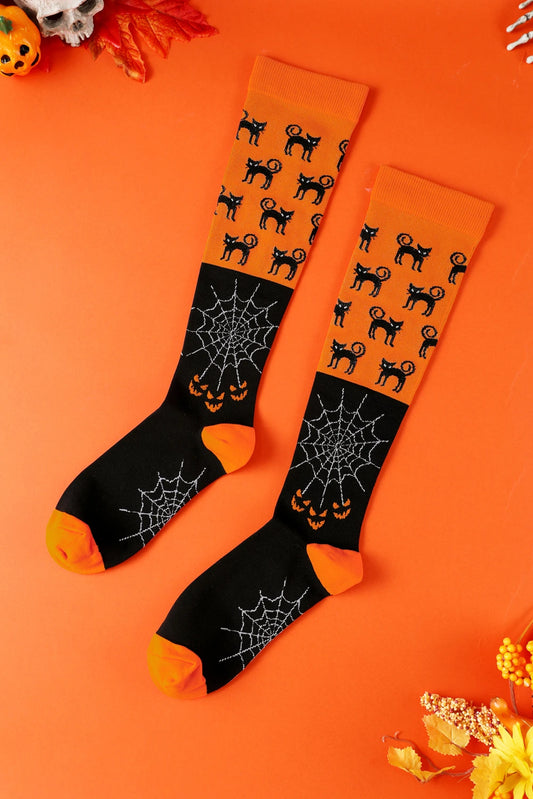 Orange Horrifying Cat Spider Web Color Block Halloween Knit Compression Socks