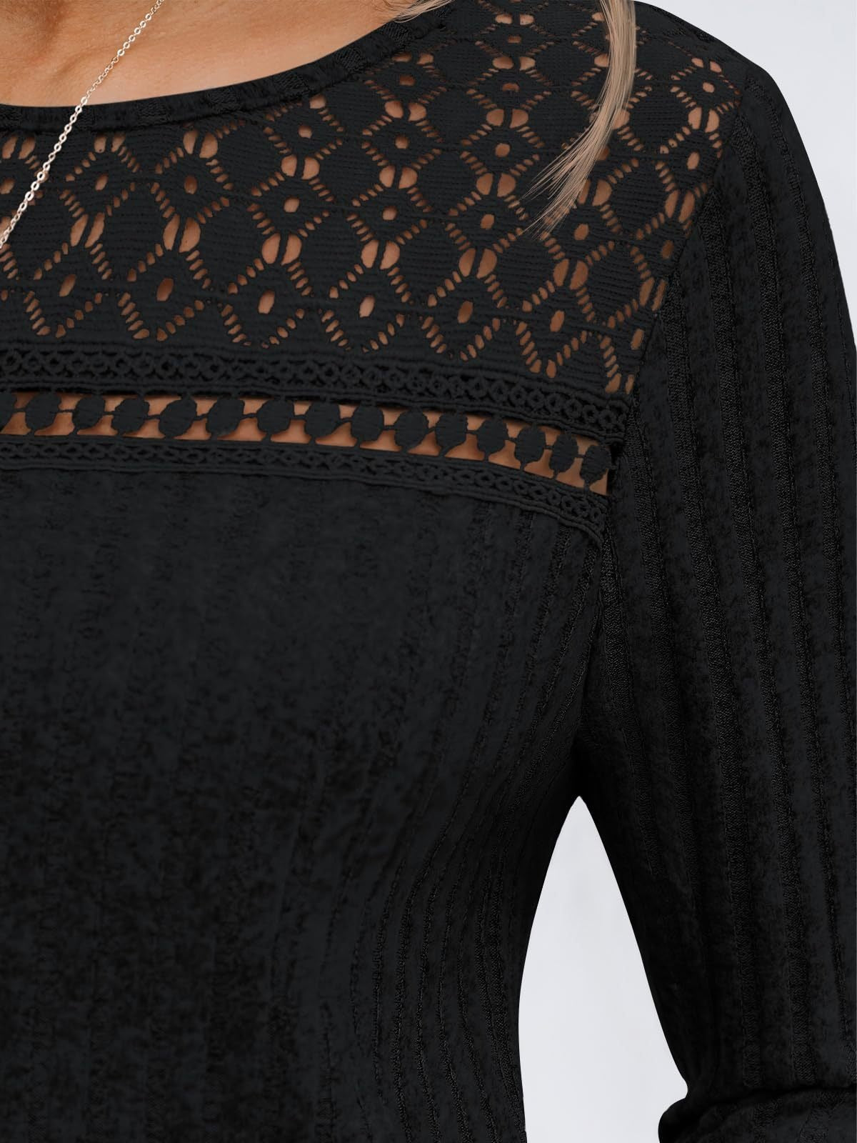 Solid Ribbed Top Casual Lace Long Sleeve Boutique