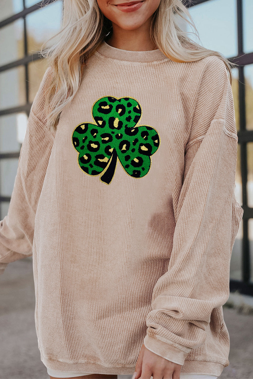 Saint Patrick’s Day Leopard Shamrock Corded Sweatshirt