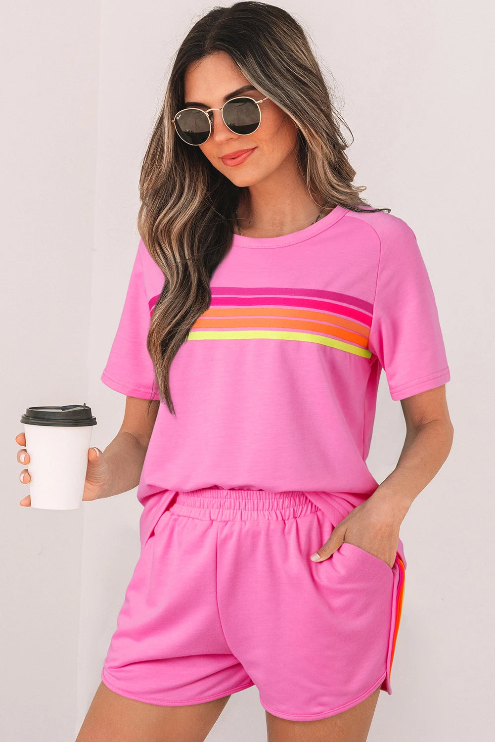 Solid Color Striped Patch Front Casual Tee