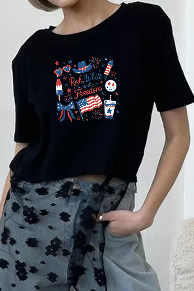 Patriotic Graphic Tee Lace Patchwork Freedom Top