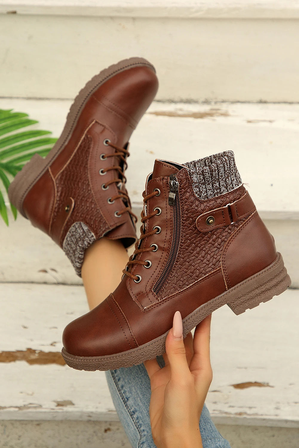 Coffee Faux Leather Mix Texture Patchwork Side Zip Lace-up Boots