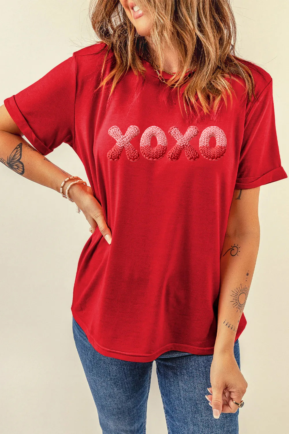 Valentine’s Day XOXO Knit Letter Graphic Tee（Not Embroidery）