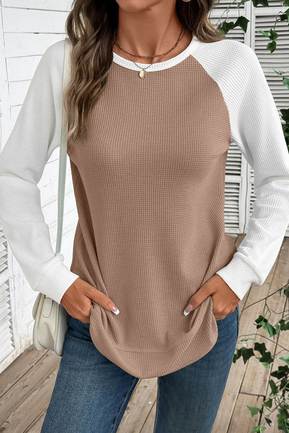 Colorblock Cotton Top Casual Waffle Raglan Sleeve