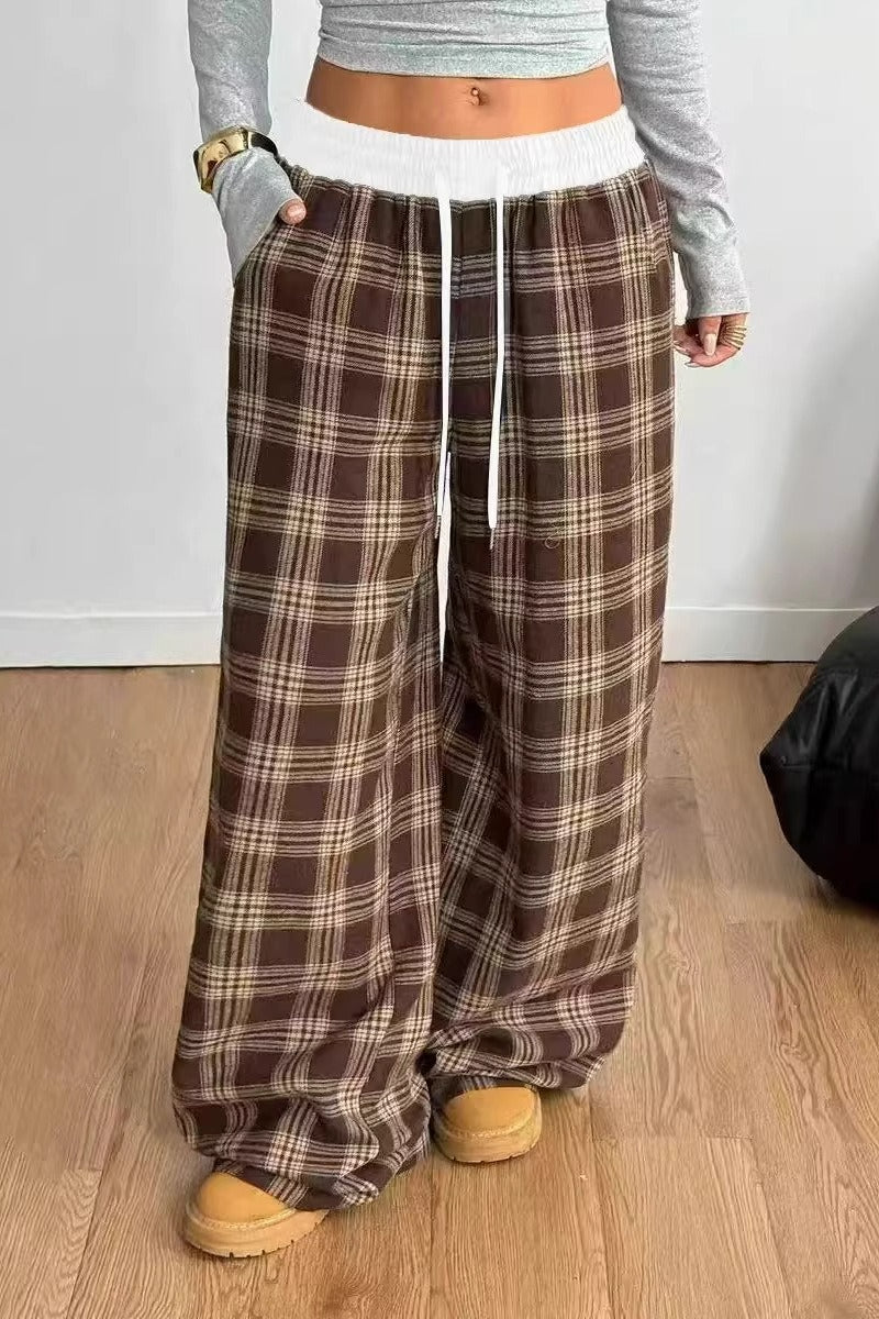 Plaid Wide Leg Pants Drawstring Elastic Waist Casual