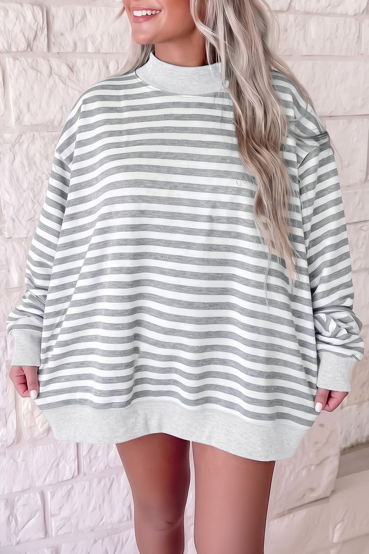 Green Stripe Cozy Mock Neck Oversized Tunic Sweatshirt