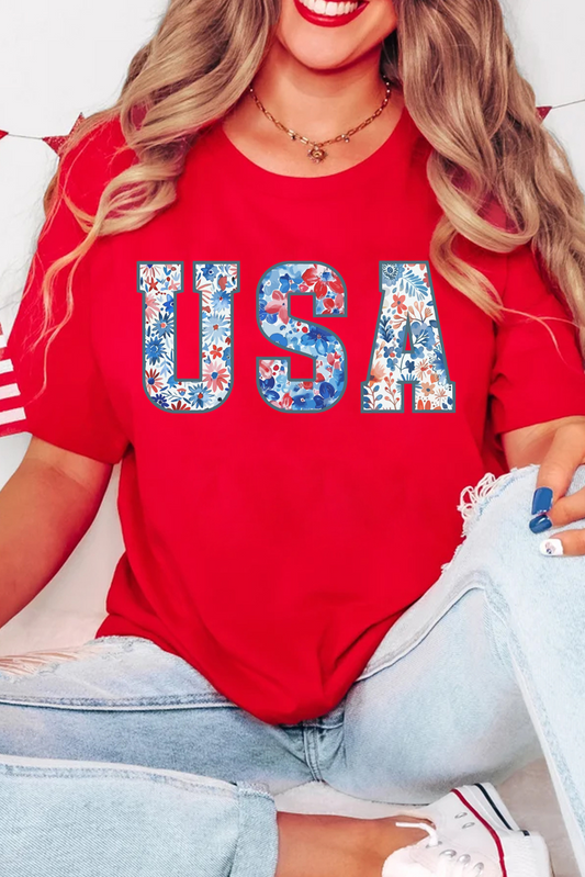Red Floral USA Graphic Cuffed Sleeve Crew Neck Tee