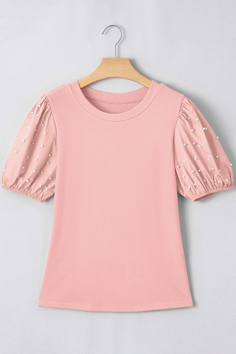 Black Ribbed Pearl Beaded Puff Sleeve Top