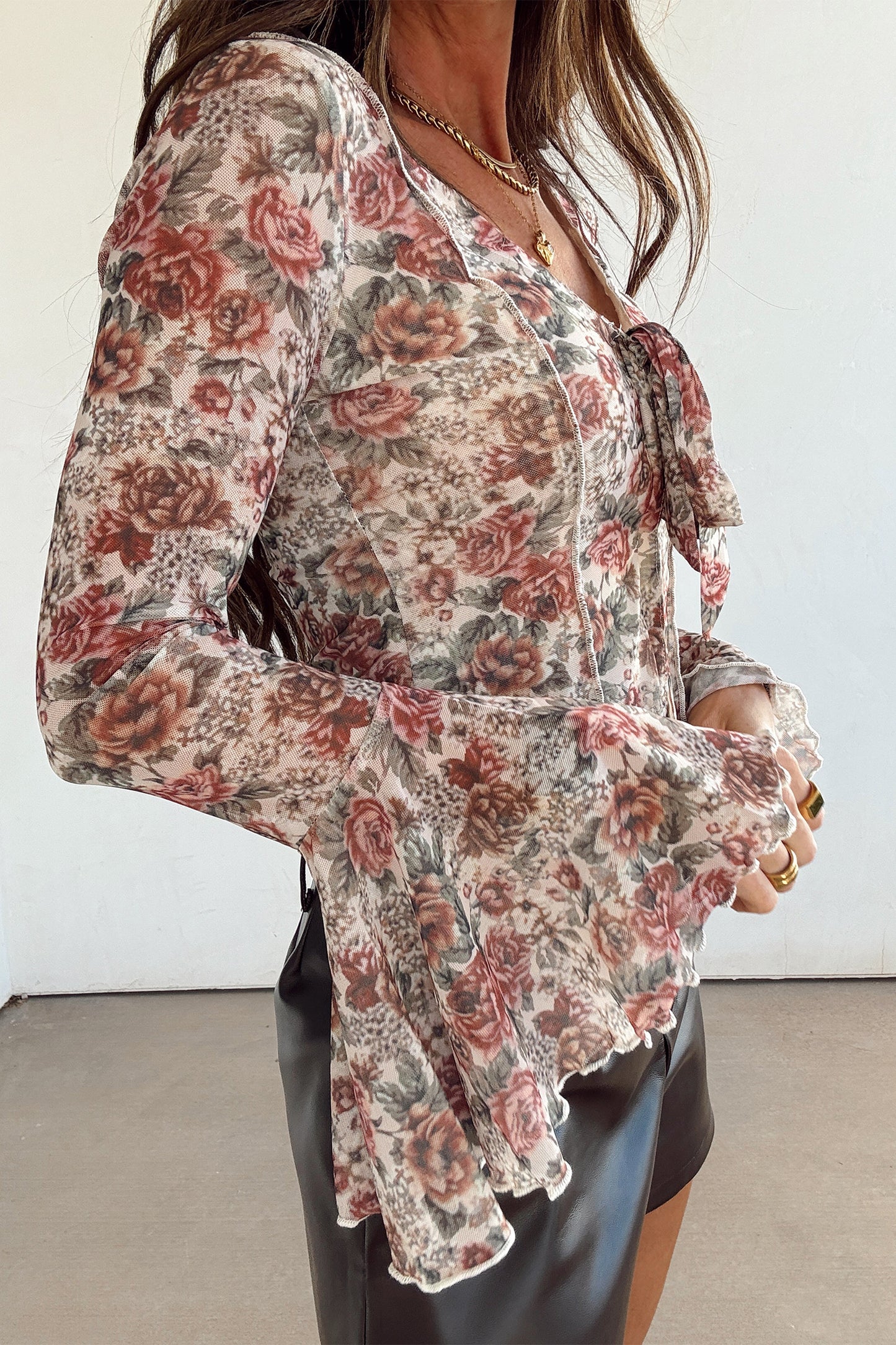 Red Floral Print Stitched Detail Tie V Neck Long Bell Sleeve Blouse