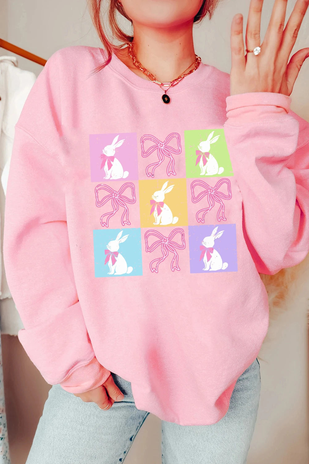 Pink Easter Bunny Bow Checkered Print Drop Shoulder Sweatshirt