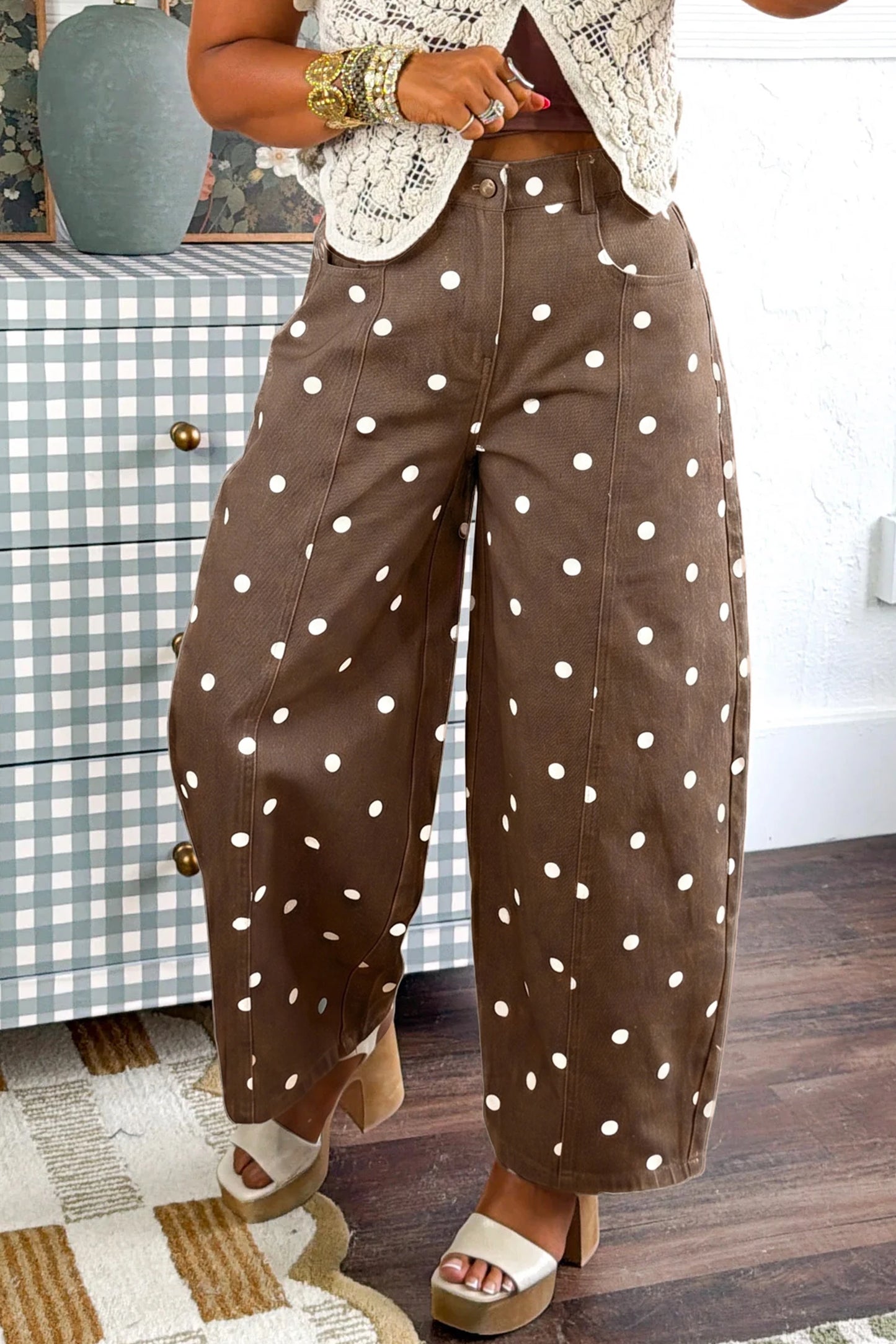 Polka Dot Cotton Jeans Casual High Waist Wide Leg