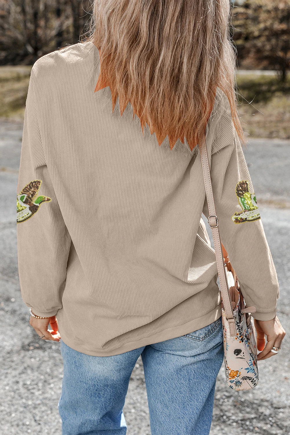 Sequined Bird Pattern Corded Thanksgiving Sweatshirt