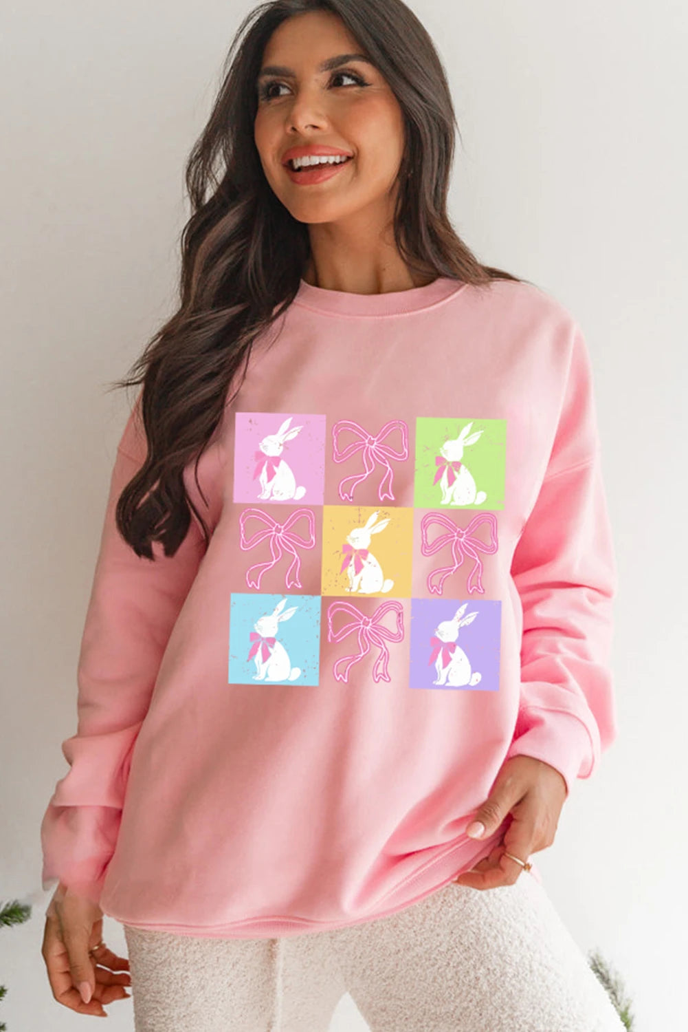 Pink Easter Bunny Bow Checkered Print Drop Shoulder Sweatshirt