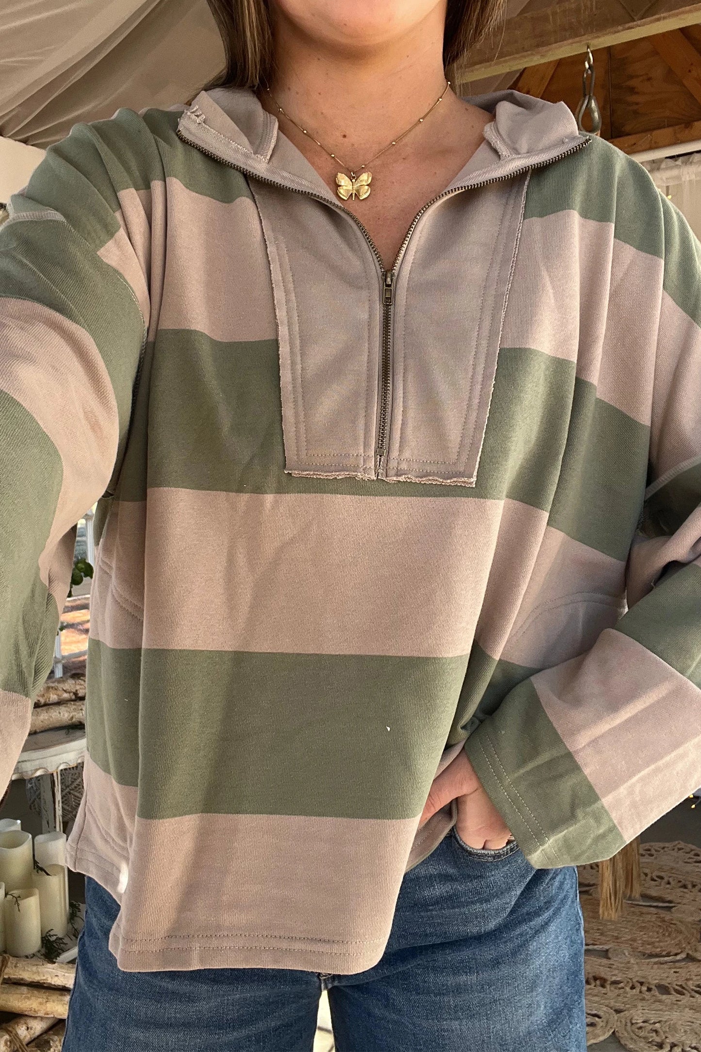 Striped Colorblock Zipper Pullover Long Sleeve Loose Top
