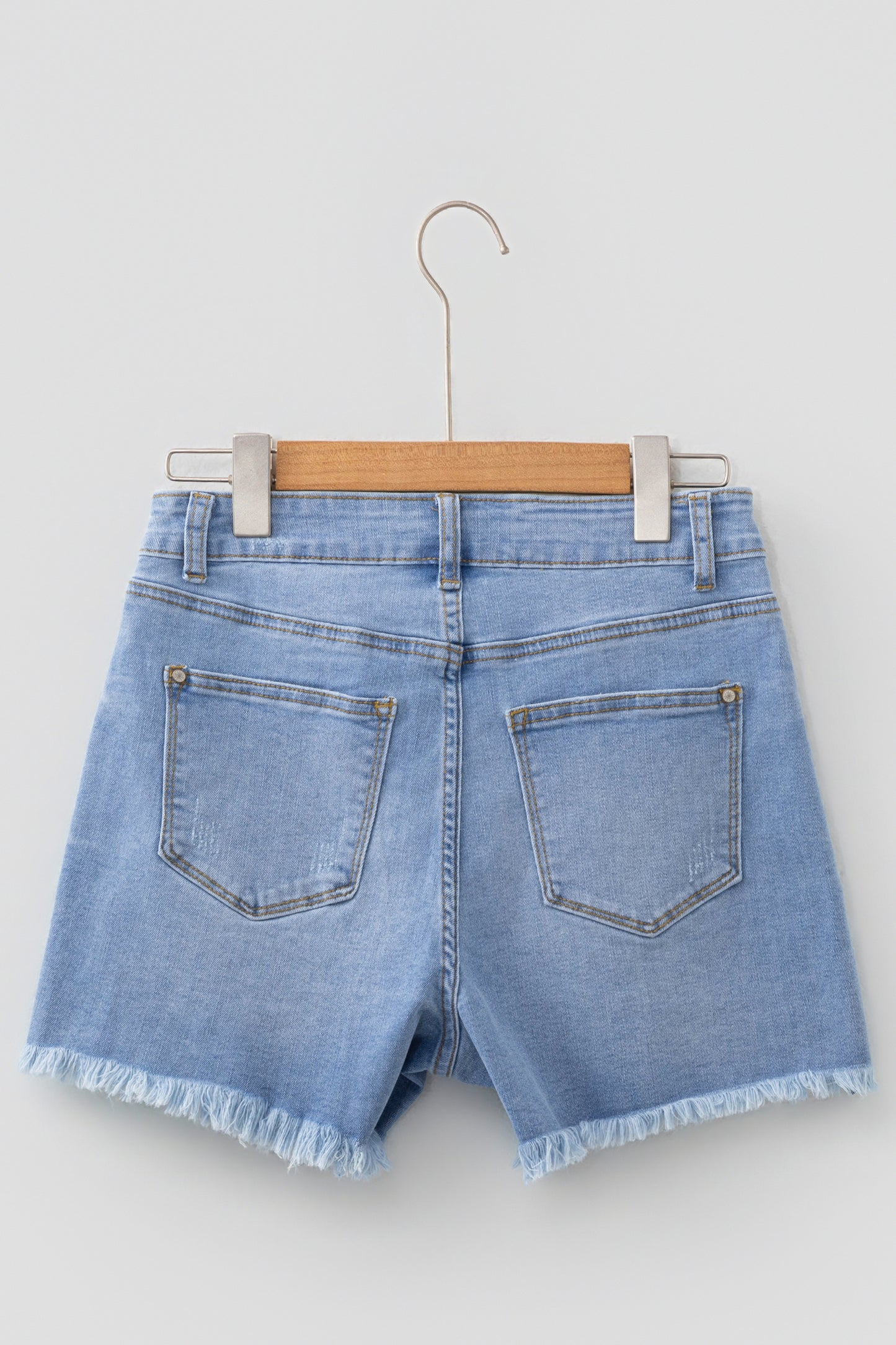 Beau Blue Asymmetric Raw Hem Distressed Whiskery Denim Shorts