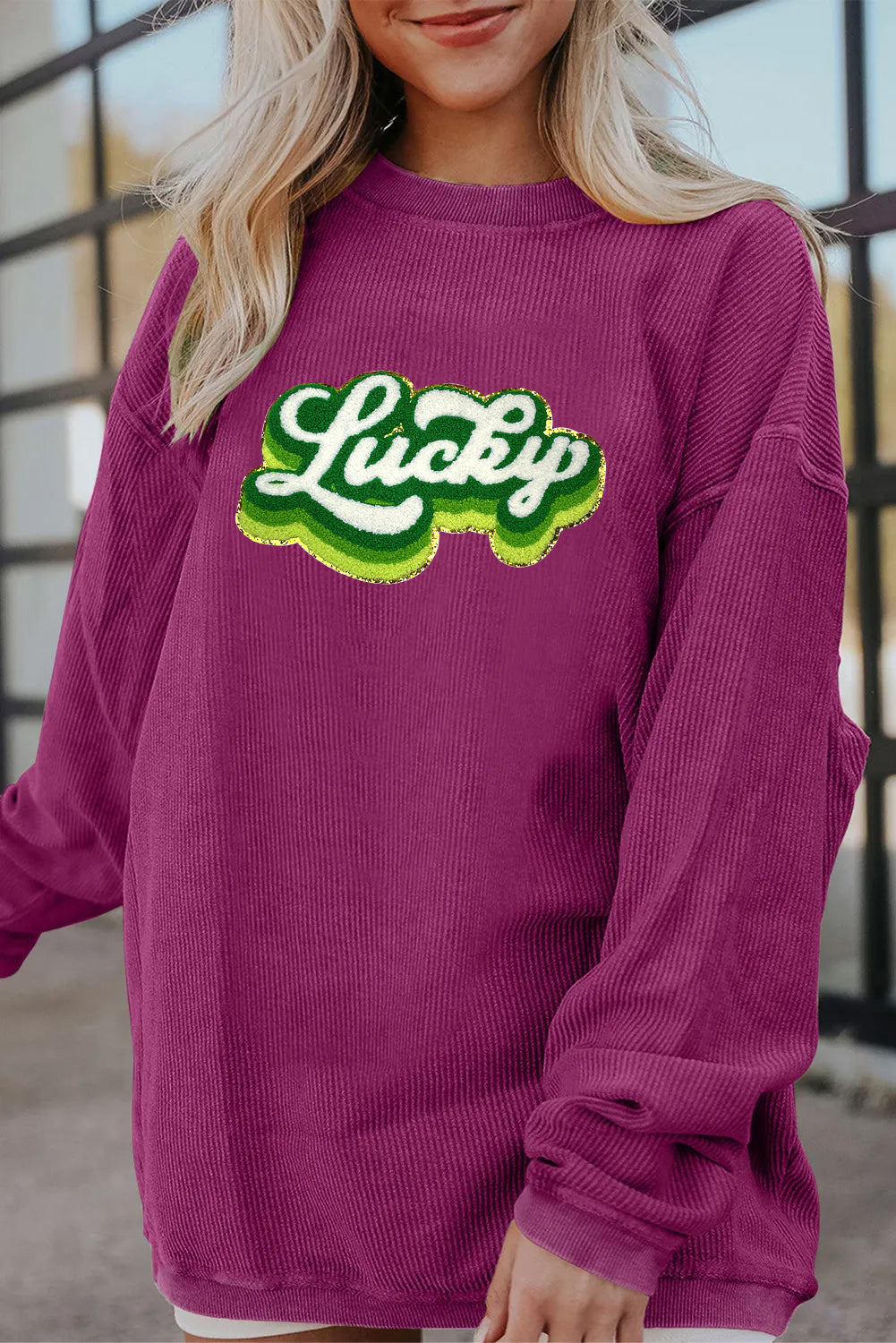 Saint Patrick’s Day Lucky Chenille Graphic Corded Sweatshirt
