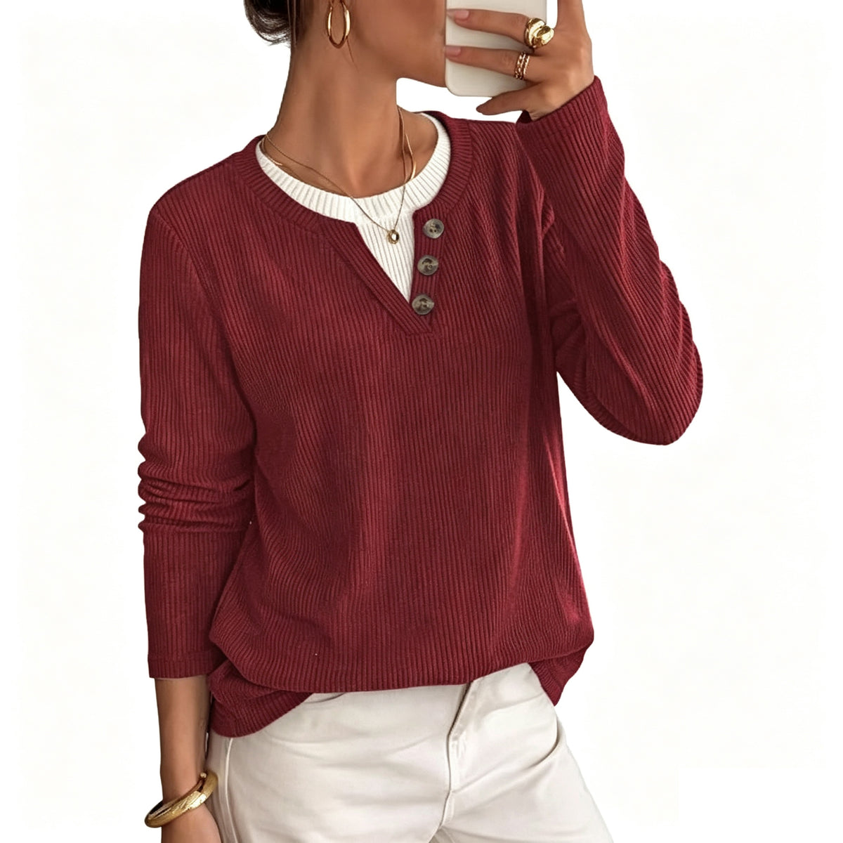 Women's Color Block Ribbed Button Long Sleeve Top
