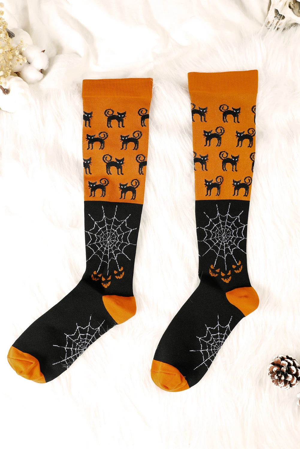 Orange Horrifying Cat Spider Web Color Block Halloween Knit Compression Socks