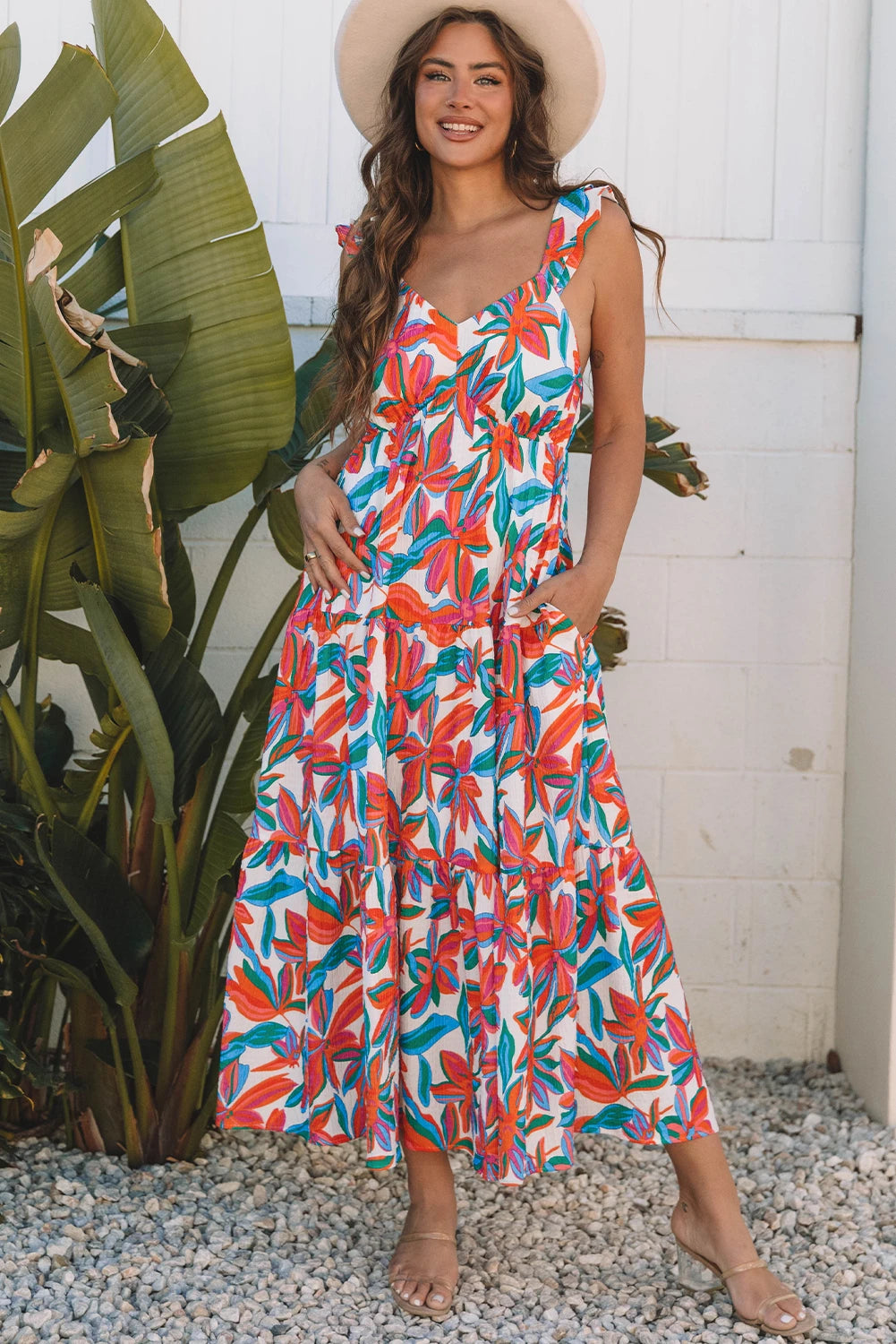 Red Boho Floral Ruffled Strap V Neck Maxi Dress