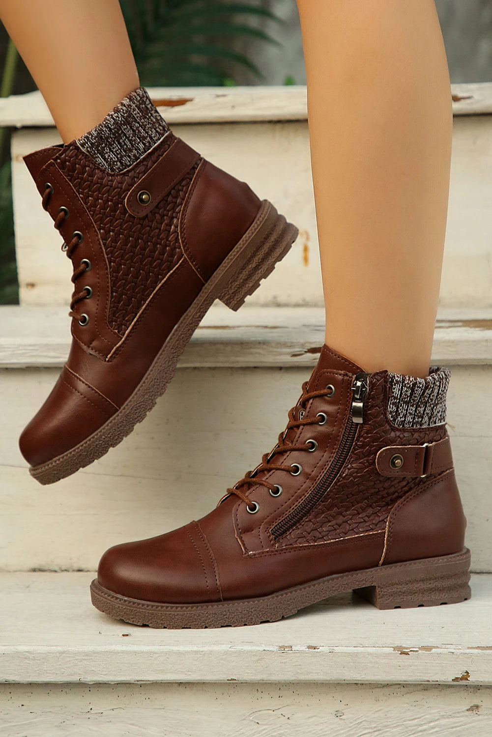 Coffee Faux Leather Mix Texture Patchwork Side Zip Lace-up Boots