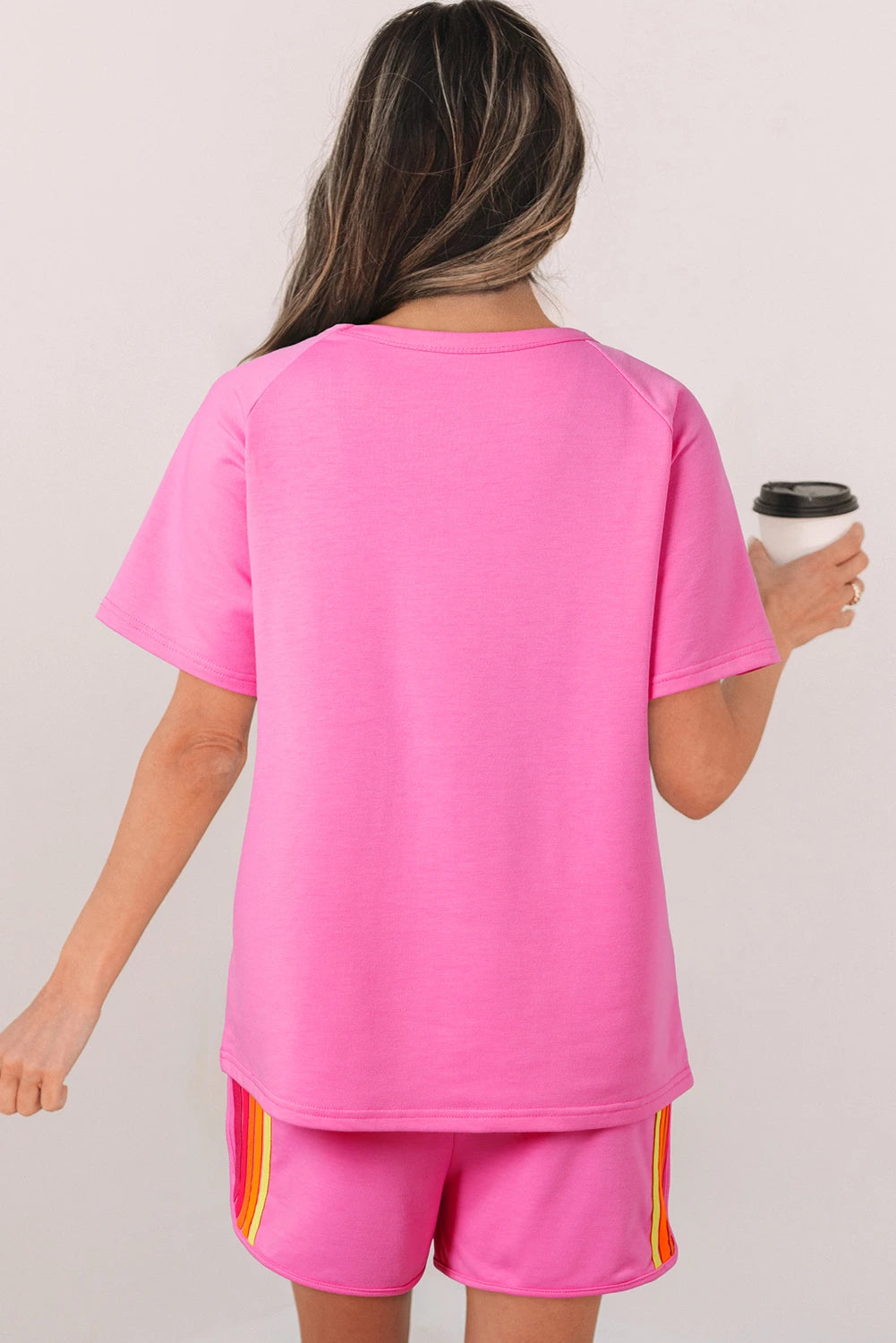 Solid Color Striped Patch Front Casual Tee