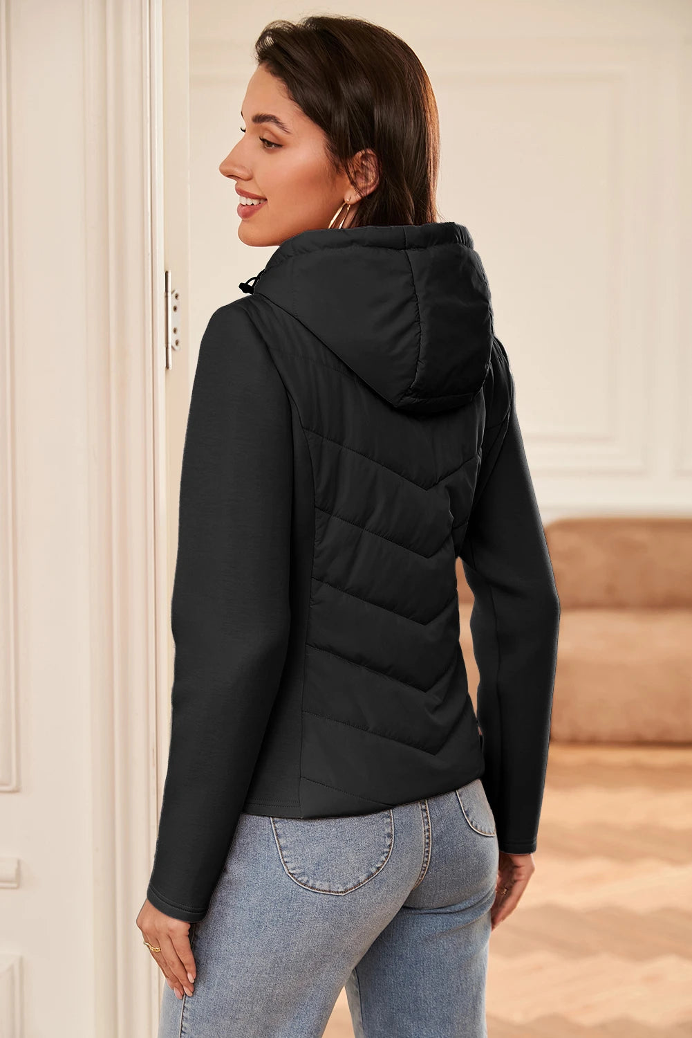 Dark Brown Scuba Sleeve Patchwork Zipped Front Hooded Puffer Jacket