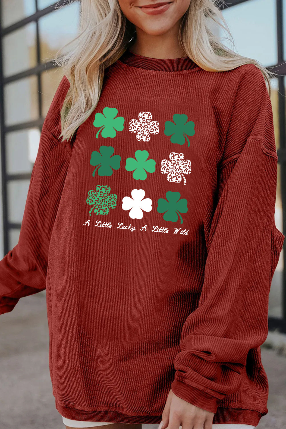 Saint Patrick’s Day Shamrock Patchwork Corded Sweatshirt