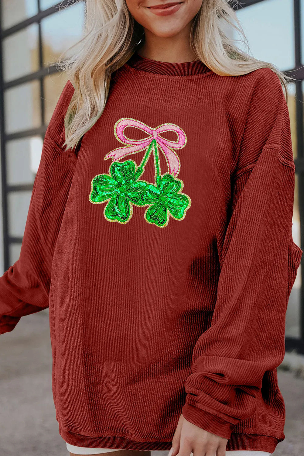 Saint Patrick’s Day LUCK Clover Graphic Corded Sweatshirt