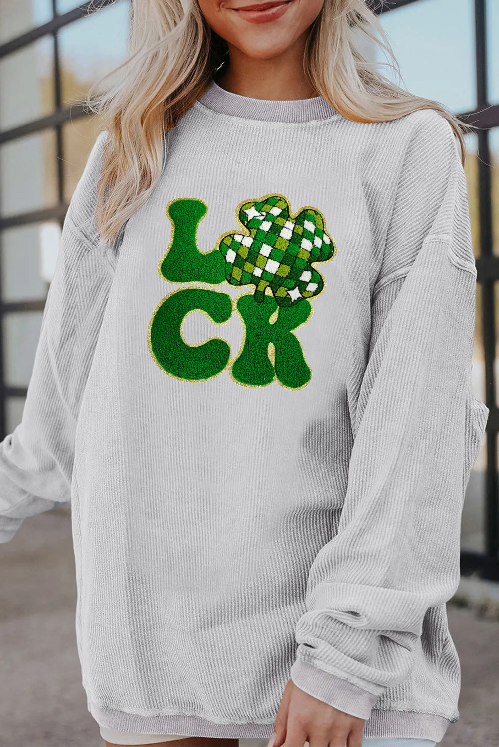 Saint Patrick’s Day LUCK Clover Graphic Corded Sweatshirt