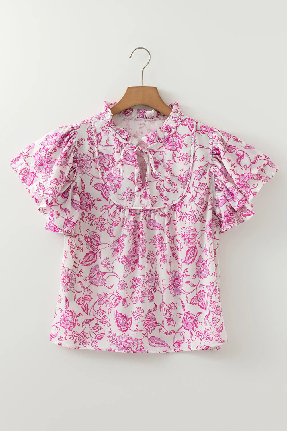 Pink Baroque Floral Ruffle Sleeve V Neck Blouse Top