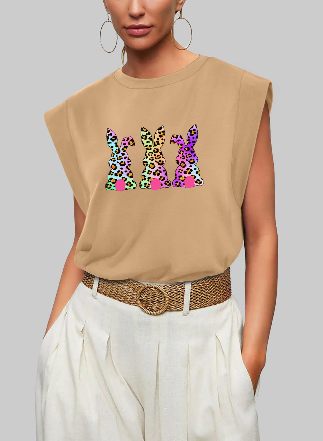 Easter Sequin Bunny Graphic Sleeveless Casual Top