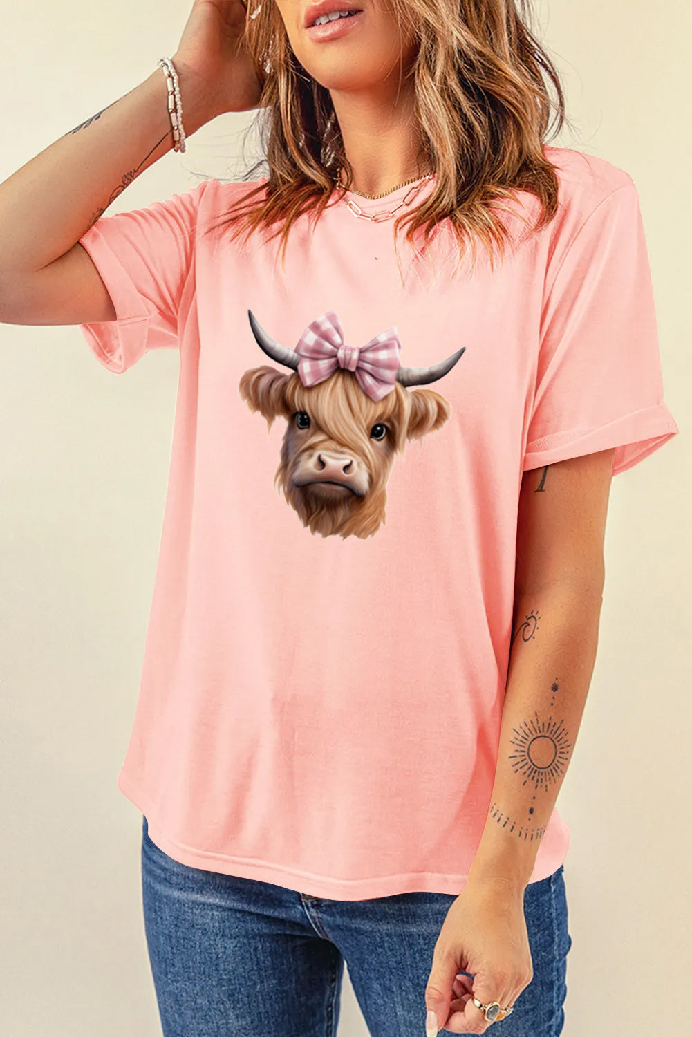 Western Bow Highland Cow Graphic Tee for Women