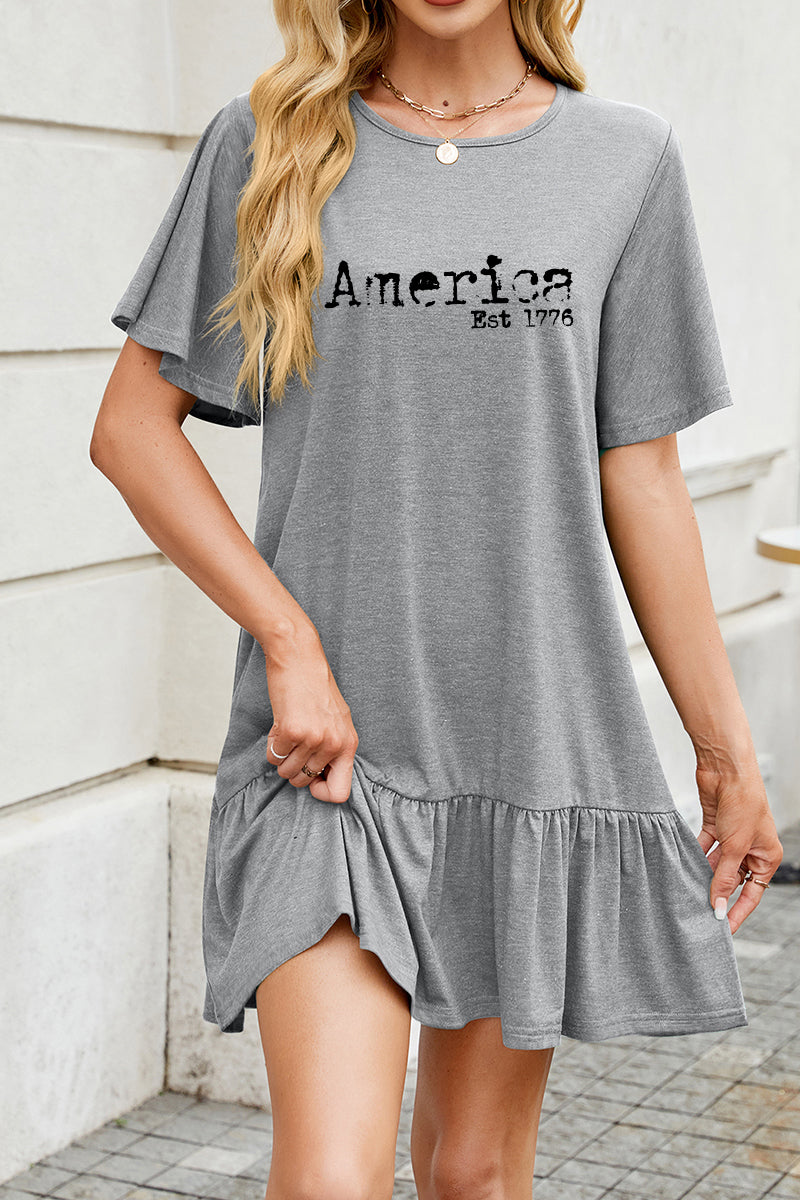 America Graphic Cotton Dress Casual Ruffle Holiday