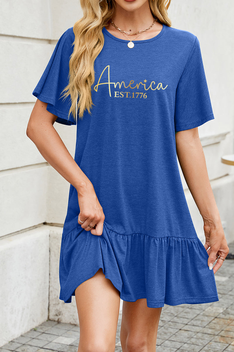 America Letter Cotton Dress Casual Ruffle Trendy