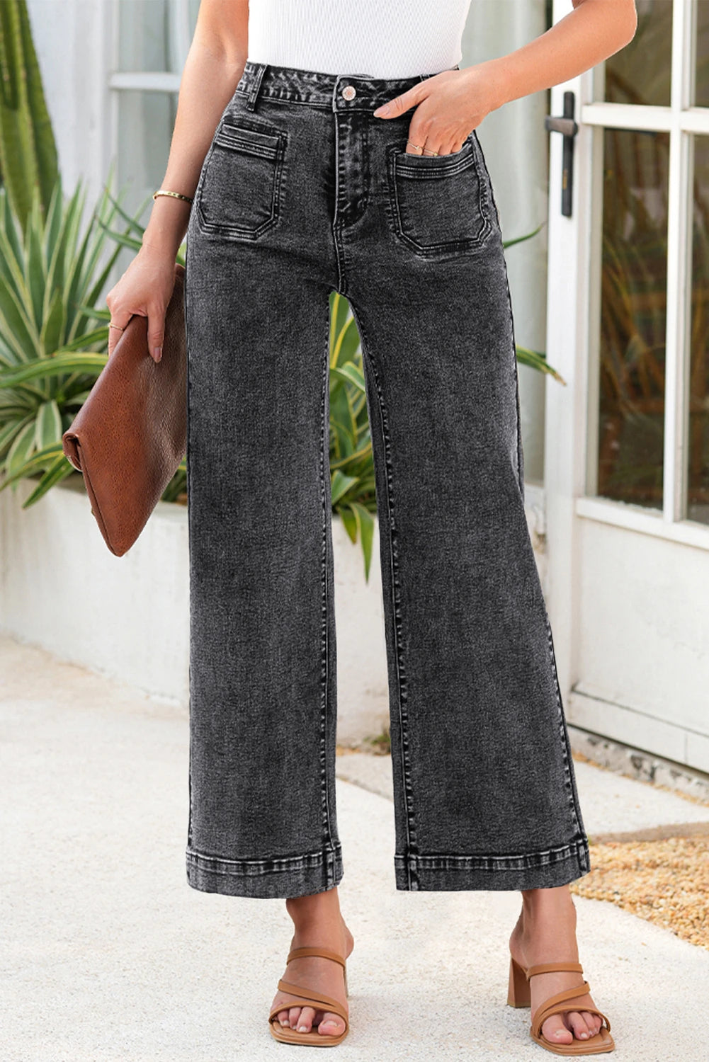 Chic Patch Pocket Straight Leg Loose Jeans