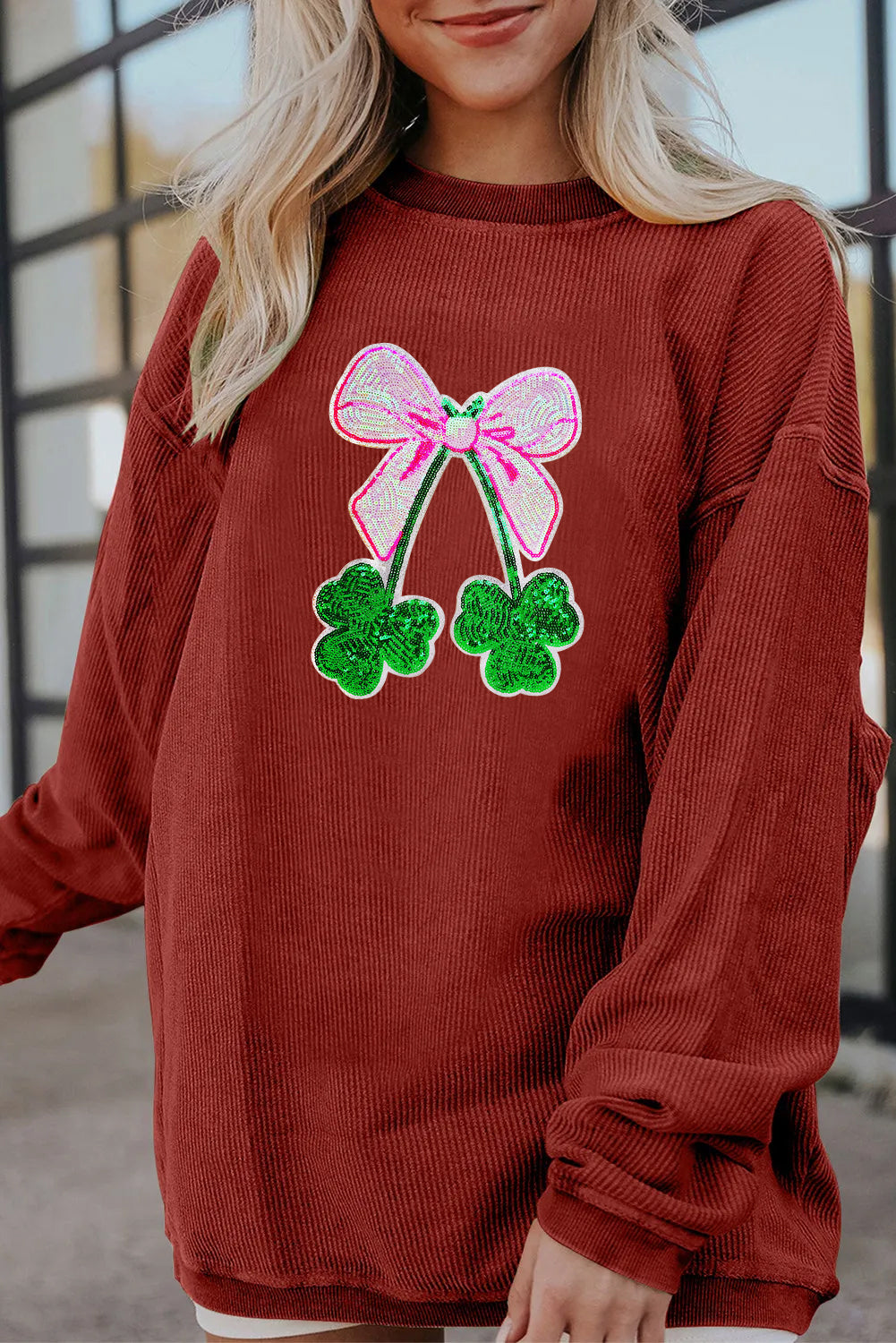 Saint Patrick’s Day Bow Clover Graphic Corded Sweatshirt