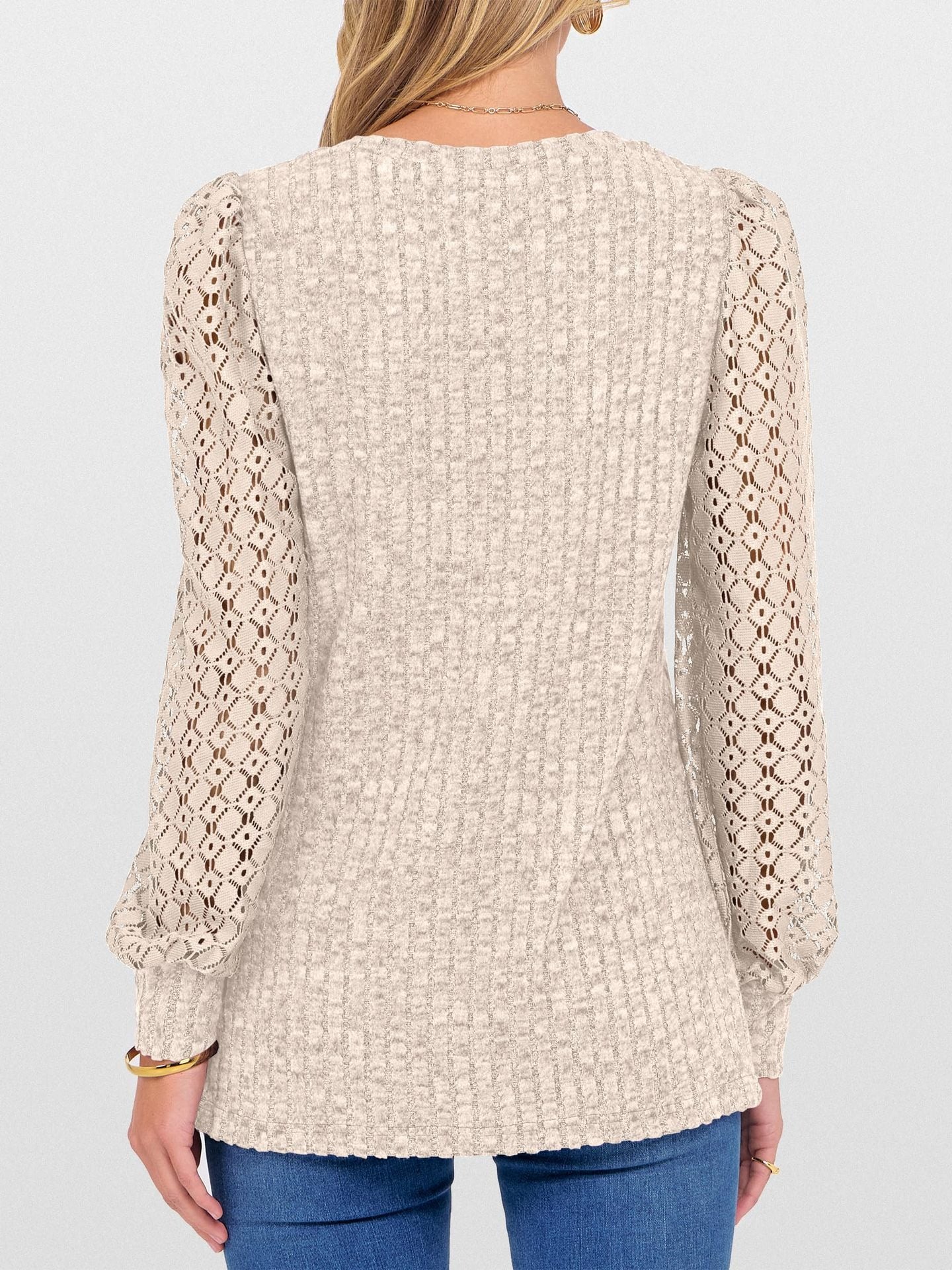 V-Neck Knit Top with Lace Puff Long Sleeves
