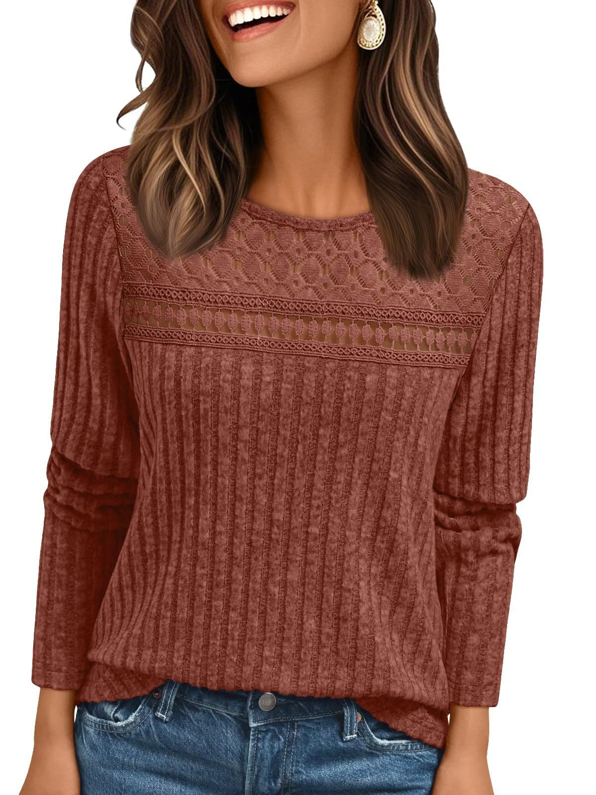 Solid Ribbed Top Casual Lace Long Sleeve Boutique