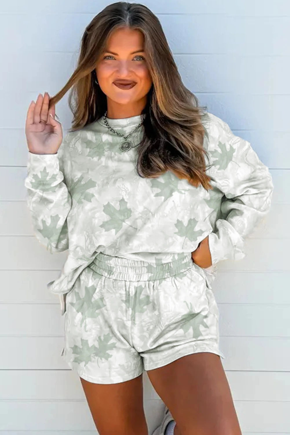 Beige Camo Print Pullover Top and Elastic Waist Casual Short Set