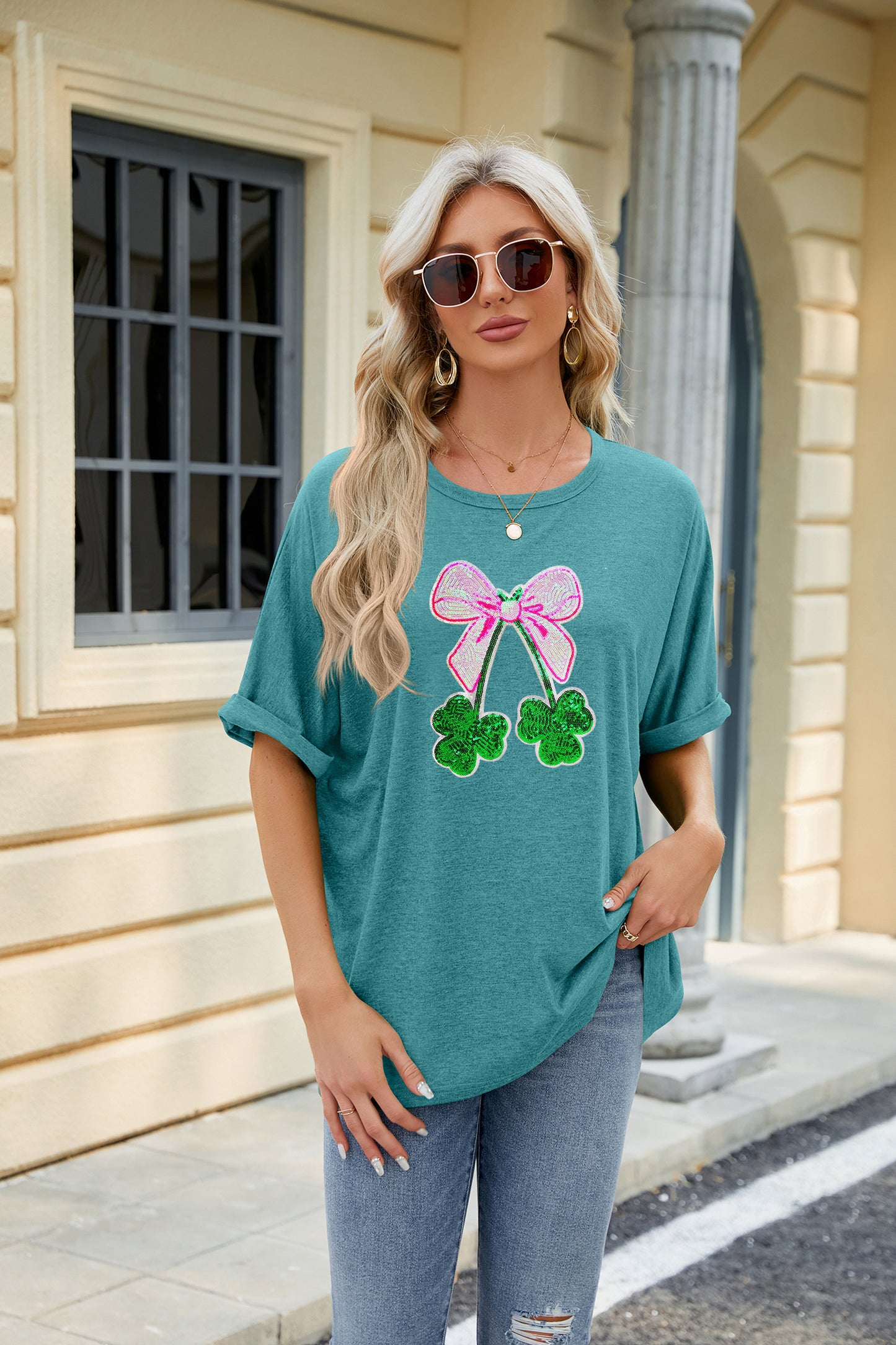 St Patrick’s Day Sequin Bow Clover Graphic Tee