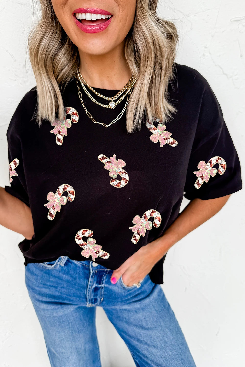 Black Sequined Candy Cane Patched Pattern Holiday T Shirt