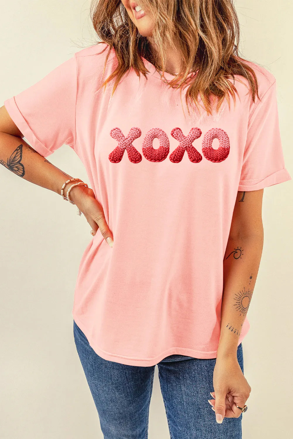 Valentine’s Day XOXO Knit Letter Graphic Tee（Not Embroidery）