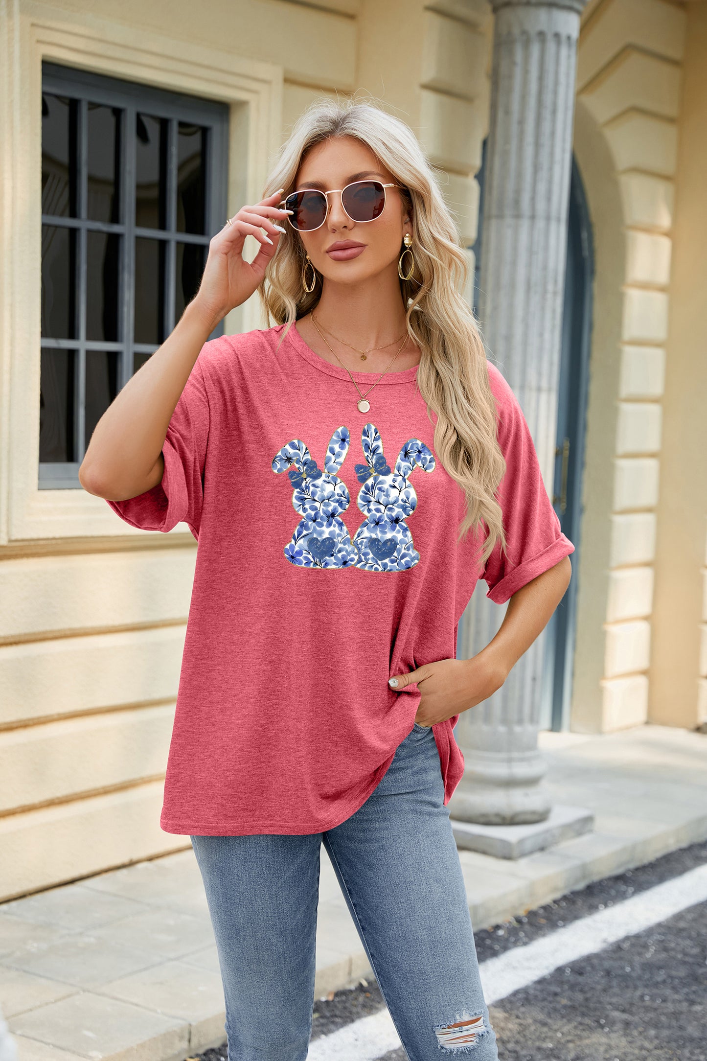 Easter Bunny Graphic Casual Oversized Short Sleeve Tee