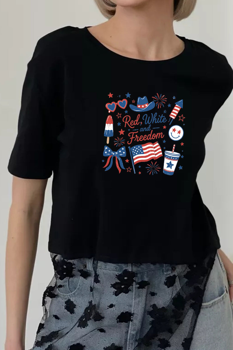 Patriotic Graphic Tee Lace Patchwork Freedom Top