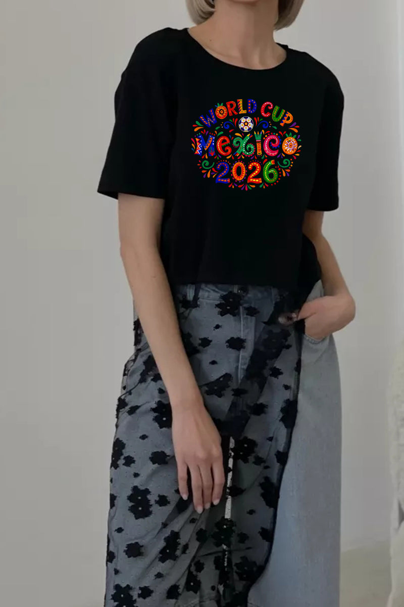 World Cup Mexico 2026 Graphic Crop Tee Colorful Soccer T Shirt Women